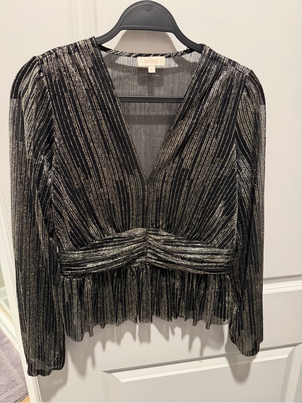 Parker Metallic Black & Silver V-Neck Pleated Blazer